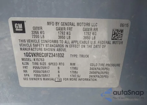 2015 Chevrolet Silverado 1500 1Lt из США, поврежденный, VIN 1GCVKREC0FZ341832